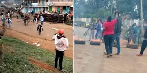 Embu residents overturn a police car during protest (right) and light bonfires.
