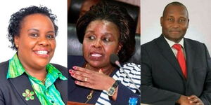 Deceased former deputy governor for Kericho county Susan Chepkoech(left), Bomet governor Joyce Laboso(Centre) and Nderitu Gachagua, first governor of Nyeri county(right)
