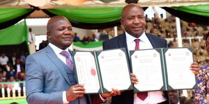Kakamega County Governor Fernandes Barasa (left) and his deputy Ayub Savula at Bukhungu Stadium in Kakamega on September 15, 2022 where they took oath of office.