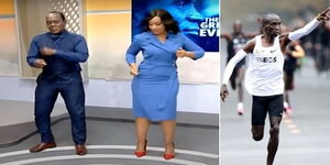 Citizen TV anchors Jeff Koinange (left) and Victoria Rubadiri dancing in studio. Marathoner Eliud Kipchoge during the INEOS challenge in Vienna (right)