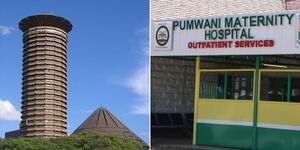 The KICC building in Nairobi CBD (left) and entrance to Pumwani Maternity Hospital.