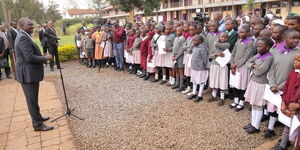 President William Ruto addresses KCPE candidates at  Joseph Kang'ethe Primary School in Kibra Constituency on November 29, 2022. 