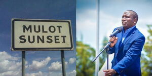 A collage of Mulot town signage (left) and the image of Kericho Senator Aaron Cheruiyot.