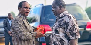 Interior Principal Secretary Karanja Kibicho(L) and Interior CS Fred Matiang'i during a meeting on February 28, 2020. 