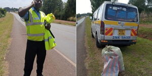 A collage photo of a police officer and a 2NK Sacco matatu