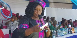 A photo of Suba North MP Millie Odhiambo speaking during a function on February 20, 2020.