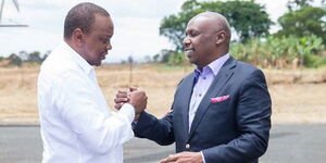 A photo of President Uhuru Kenyatta when he condoled with Baringo Senator Gideon Moi at Kabarak following the death of Jonathan Moi, in April 2019.