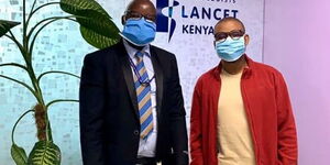 Pathologists Lancet Kenya (PLK) CEO Ahmed Yakub Kalebi (right) and Osborne Embiruka Nelson Nyandiva on Tuesday, April 21, 2020.