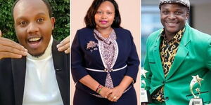 From left; Actor Abel Mutua, nominated senator Millicent Omanga and comedian Felix Odiwuor aka Jalang'o