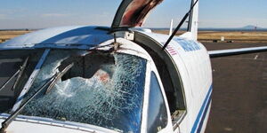 A plane with a shattered windscreen 