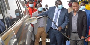 Kiambu Governor James Nyoro and businessman Eric Ndichu during the launch of his petrol station in Juja on August 13, 2020