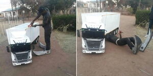 Hendrick Chebanga working on a miniature model of a Scania truck