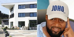 A collage photo of the Joho House in Switzerland and Mombasa Governor Hassan Joho 