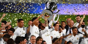 Real Madrid celebrates winning the La Liga Trophy 