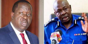 A photo of Interior CS Fred Matiang'i and Police Spokesman Charles Owino (R)