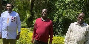 Devolution CS Eugene Wamalwa, ODM leader Raila and his deputy Wycliffe Oparanya (R) at Odinga's home in Karen.