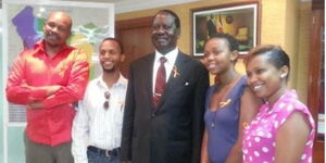 Former tahidi high actor Bernard Mwangi known by his character name Mr Mweposi (in red shirt) and other thespians visiting ODM leader Raila Odinga.