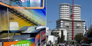 Side by side photos of Citizen TV studio in Kilimani and Nation Center Building along Kimathi Street.