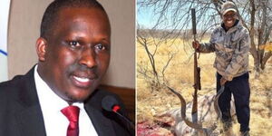 Side by side photos of Kenyan ambassador to Namibia Benjamin Lagat in a past meeting (left) and the ambassador with a dead animal