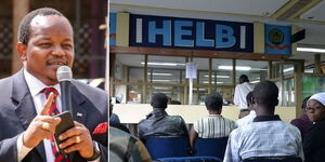 Nyeri Towm MP Ngunjiri Wambugu (left) and students at the lobby of HELB offices in Nairobi.