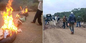 Kenyans light bonfires along a road in Kieni