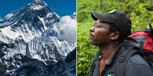 Tip of Mt Everest (Left) and Kenyan mountaineer James Kagambi