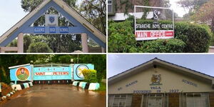 From Top Left:Compiled image of the entrance to Alliance Boys High School, Starehe Boys Centre, St. Peters Boys Mumias High School, and St. Marys Yala School.