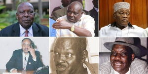 From Top Left: A collage of veteran politicians Njenga Karumu, Mark Too, Masoud Mwahima, Mula Mutisya, Kariuki Chotara and  Ezekiel Barng’etuny