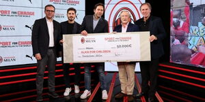 AC Milan Football Club officials during the announcement of the winner of the 2021 'From Milan to the World contest in November 2021. 