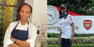 A collage image of Chef Bernice Kariuki at the Arsenal Training Center in London.