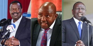 A collage of ANC leader Musalia Mudavadi (left), Lugari MP Ayub Savula (center), and Deputy [President William Ruto (right)