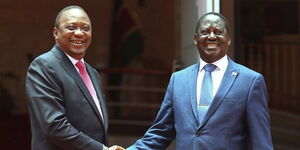 President Uhuru Kenyatta with former Prime Minister Raila Odinga shaking hands in March 2018.