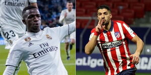 A collage of Real Madrid forward Vinícius  Júnior (left) and Atletico Madrid forward Luiz Suarez (right)