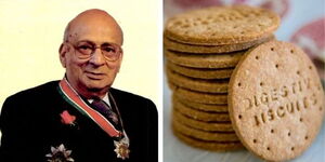 A collage of House of Manji Founder the late Madatally Manji (Left) and Manji Digestive Biscuits (Right)