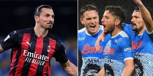 A collage of AC Milan forward Zlatan Ibrahimovic (Left) and Napoli players celebrating after scoring a goal (Right).
