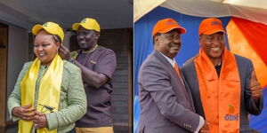 A collage of Deputy President William Ruto receiving Kirinyaga Governor Anne Waiguru to UDA (Left) and Raila Odinga receiving Kitutu Chache MP Richard Onyanka to ODM (Right).
