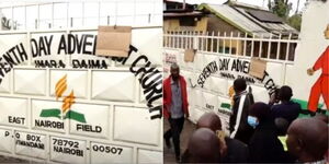 A collage of Imara Daima SDA Church gate (Left) and congregants outside the gate (Right).