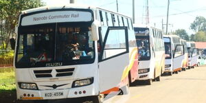 Some of the commuter buses used by Kenya Railways to transport Kenyans to Nanyuki on December 24, 2021.