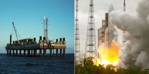 A collage of a section of the Malindi Space station (Left) and ​the National Aeronautic Space Administration (NASA) launching the James Webb Space Telescope.