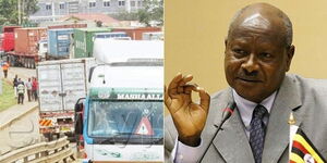 A collage image of Kenyan Trucks at the Malaba border (Left) and Ugandan President Yoweri Museveni (Right)
