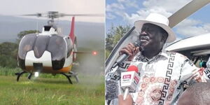 A collage image of a chopper (Left) and ODM party leader Raila Odinga.