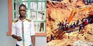 A collage image of Noah Ogweno (Left) and Rescue mission ongoing in a gold mine (Right).