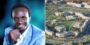 A collage image of Paul Otieno (Left) and an aerial view of a section of the Michigan State University (Right)