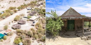 A collage photo of an aerial view of Olergasaile Village in Kajiado County (Left) and a hut in the village in Kajiado County.