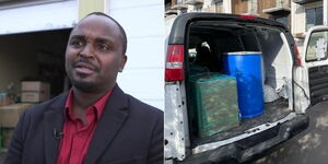 A collage image of John Kamau (Left) and one of his trucks picking goods for delivery (Left).