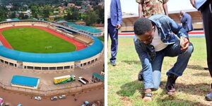 A collage of Kinoru Stadium shortly after its refurbishment in May and Sports Cabinet Secretary Ababu Namwamba during an inspection tour in facility in December.  