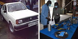 A collage of Kenya's first locally made car named Nyayo car and the workers at the Numerical Machining  Complex  in Nairobi. 