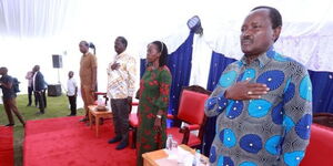 Wiper Party Leader Kalonzo Musyoka (right) Narc Kenya Leader Martha Karua (center) and ODM Leader Martha Karua during a church service on November 13, 2022. 
