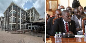 A collage of the Korogocho Level Five Hospital and Nairobi Governor Johnson Sakaja  during a session of the Seanate Committee on Health held on December v7, 2022. 