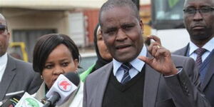 Former IEBC Commissioners Francis Wanderi (center) and Juliana Cherera during a past media briefing. 